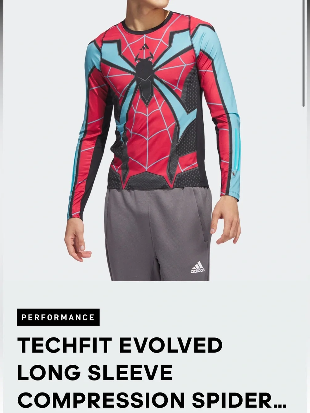 Adidas Techfit Spider-Man long sleeve top with red, black, and light blue Spider